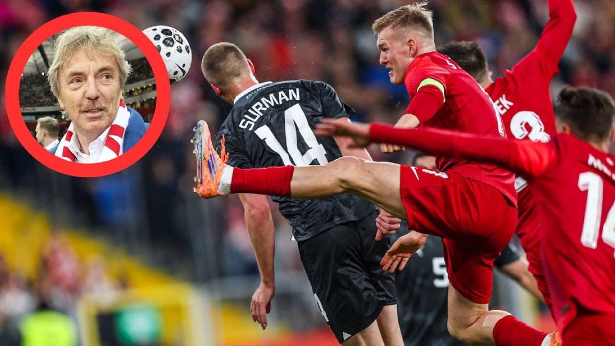 Zbigniew Boniek w okręgu z lewej strony, z prawej zdjęcie z meczu piłki nożnej z nogą piłkarza w powietrzu.