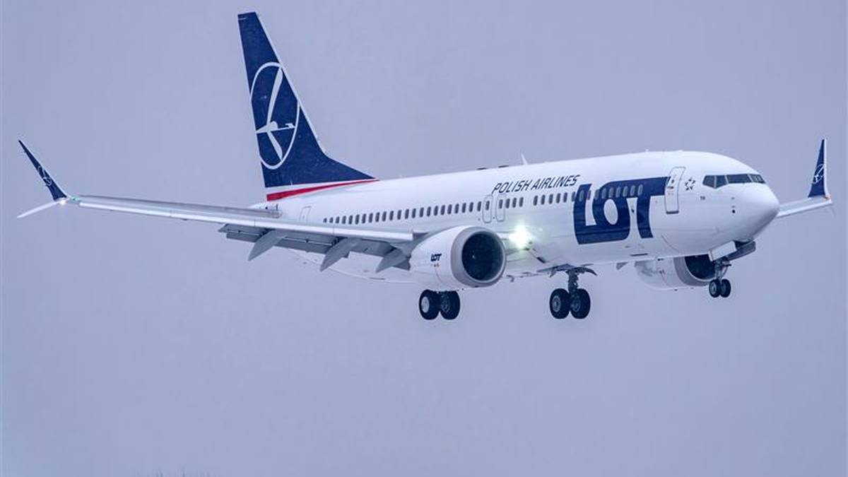 Samolot PLL LOT z widocznym logo "LOT" na białym tle z niebieskimi elementami.