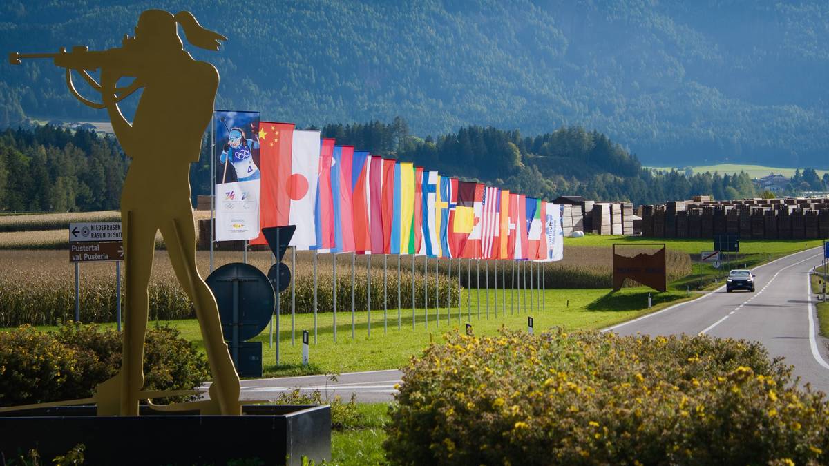 Złota sylwetka biathlonisty na tle szpaleru flag narodowych i górskiego krajobrazu.