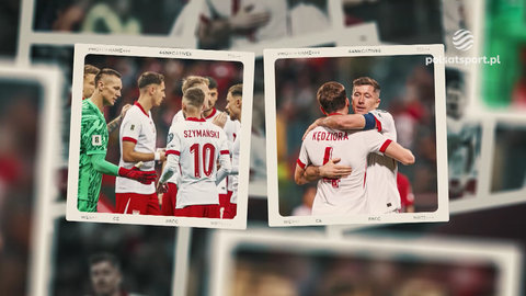 Zdjęcie przedstawia dw&oacute;ch fragment&oacute;w z mecz&oacute;w reprezentacji Polski w piłce nożnej. Na pierwszym fragmencie widzimy bramkarza i kilku zawodnik&oacute;w w białych strojach, na drugim fragmencie dwaj zawodnicy się przytulają.