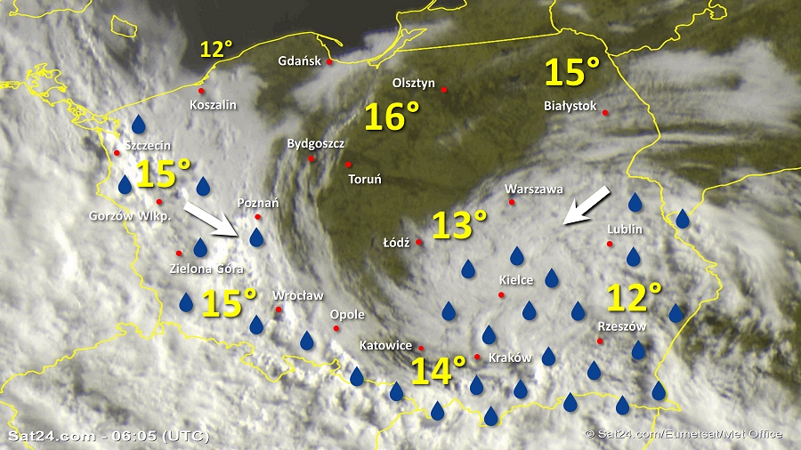 Zdjęcie satelitarne Polski w dniu 22 maja 2019 o godzinie 8:05. Dane: Sat24.com / Eumetsat.