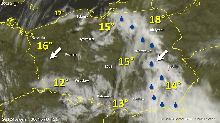Zdjęcie satelitarne Polski w dniu 27 czerwca 2018 o godzinie 8:15. Dane: Sat24.com / Eumetsat.