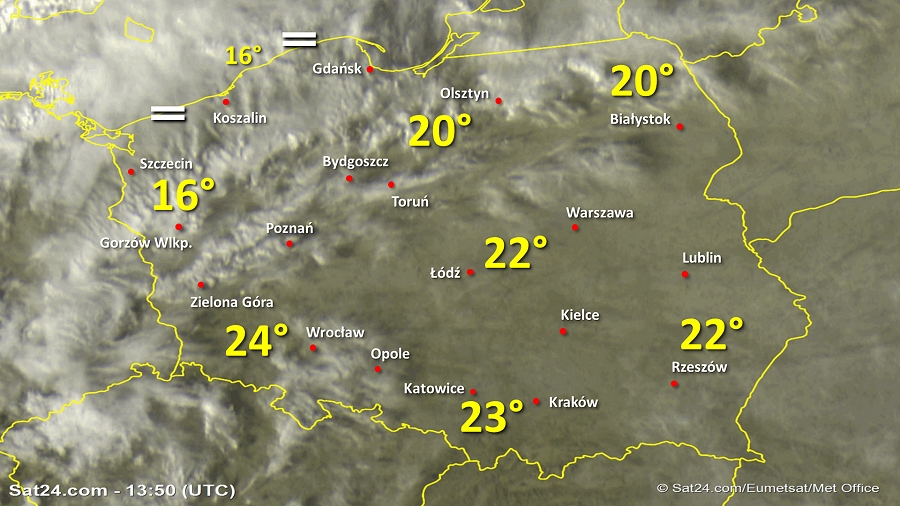 Zdjęcie satelitarne Polski w dniu 21 października 2019 o godzinie 15:50. Dane: Sat24.com / Eumetsat.