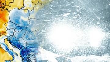 Mapa Europy z zaznaczonymi obszarami pogody i nachodzącym frontem burzowym ze śniegiem.