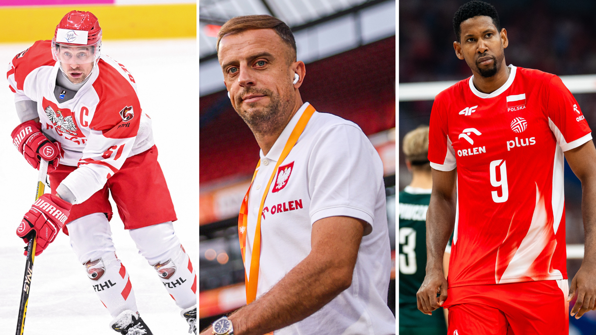 Trzech mężczyzn w strojach sportowych, jeden gra w hokeja, drugi jako trener, trzeci w stroju siatkarskim, z orłem na piersiach.