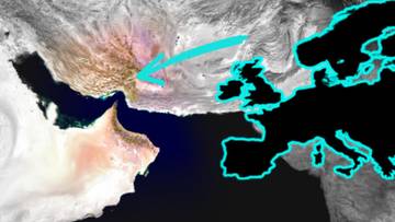 Mapa Bliskiego Wschodu i Europy z zaznaczoną cieśniną Ormuz i strzałką wskazującą na Zatokę Perską.
