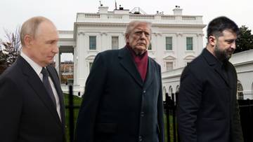 Donald Trump, Władimir Putin i Wołodymyr Zełenski idący przed budynkiem przypominającym Biały Dom.