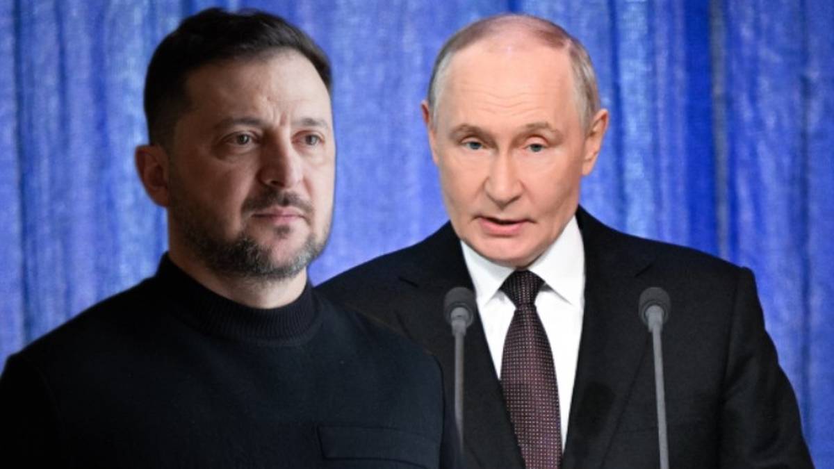 Dw&oacute;ch mężczyzn, Wołodymyr Zełenski i Władimir Putin, stojących obok siebie na tle niebieskiej kurtyny.