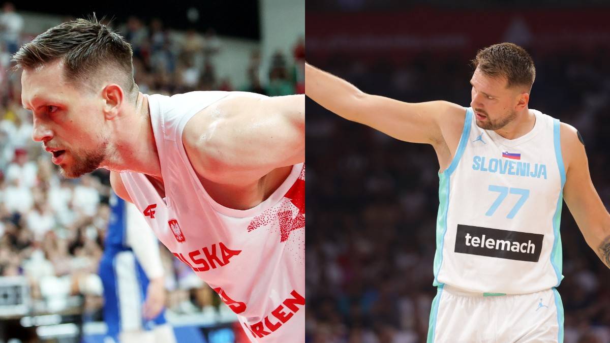 Dwie połowy zdjęcia. Po lewej polski koszykarz w białej koszulce z napisem "POLSKA". Po prawej słoweński koszykarz w białej koszulce z napisem "SLOVENIA 77".