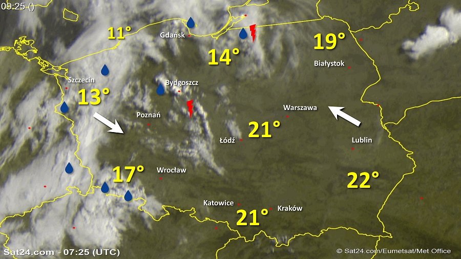 Zdjęcie satelitarne Polski w dniu 3 maja 2018 o godzinie 9:30. Dane: Sat24.com / Eumetsat.