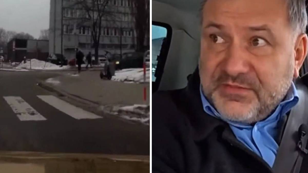 Fragmenty nagrania pokazujące przejście dla pieszych w Krakowie oraz zbliżenie na twarz ministra Waldemara Żurka.