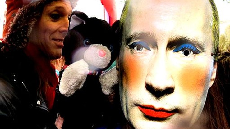 Plakat z Putinem w makijażu na liście zakazanych w Rosji