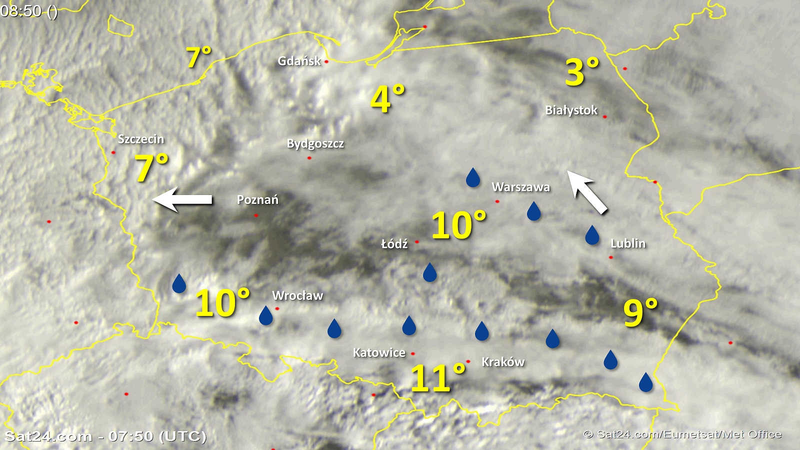 Zdjęcie satelitarne w dniu 12 marca 2018 o godzinie 8:50. Dane: Sat24.com / Eumetsat.