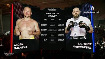 Dw&oacute;ch bokser&oacute;w, Jacek Gałązka i Bartosz Dąbrowski, stoi naprzeciwko siebie na tle ekranu z informacjami o walce.