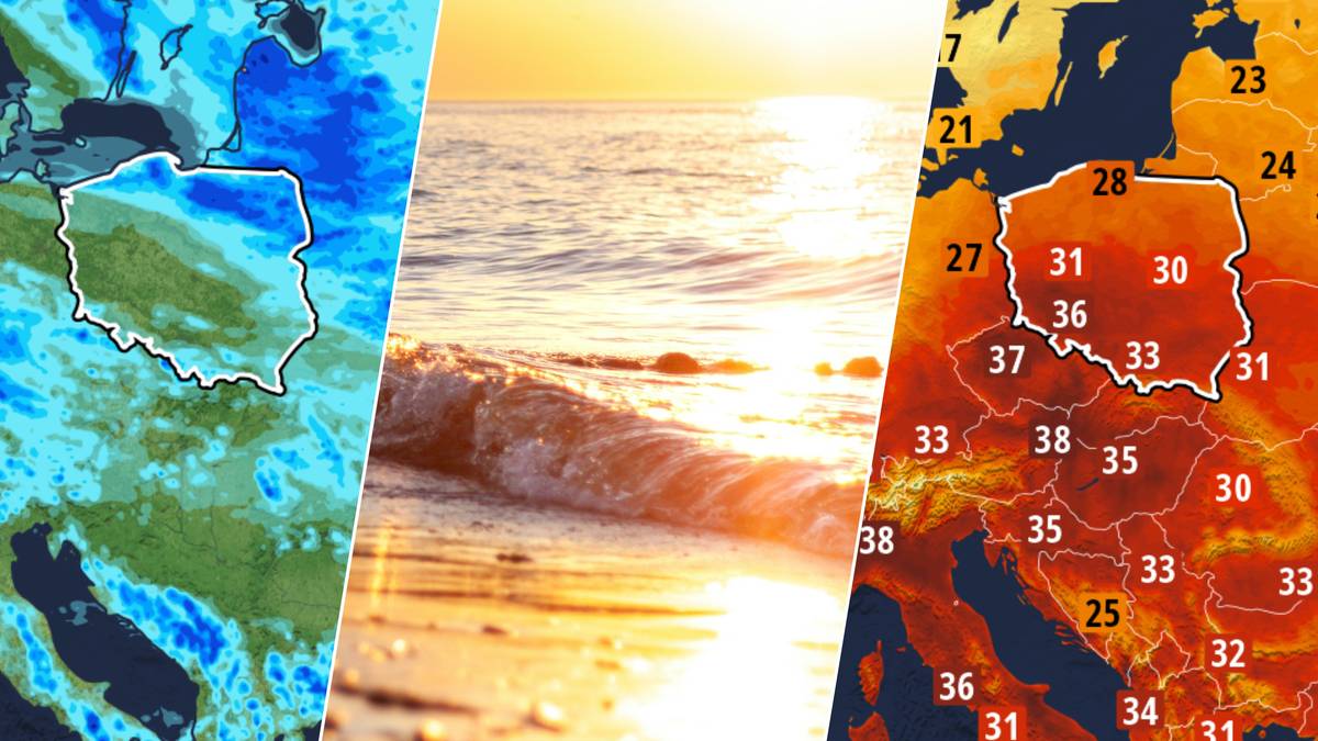 Mapa Polski pokazująca spadki temperatur, widok plaży o zachodzie słońca, mapa Europy z zaznaczoną Polską i prognozowanymi wysokimi temperaturami.