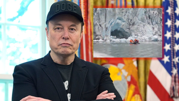 Elon Musk w czapce DOGE na tle flagi USA, z małym zdjęciem łodzi przy lodowcu w tle.