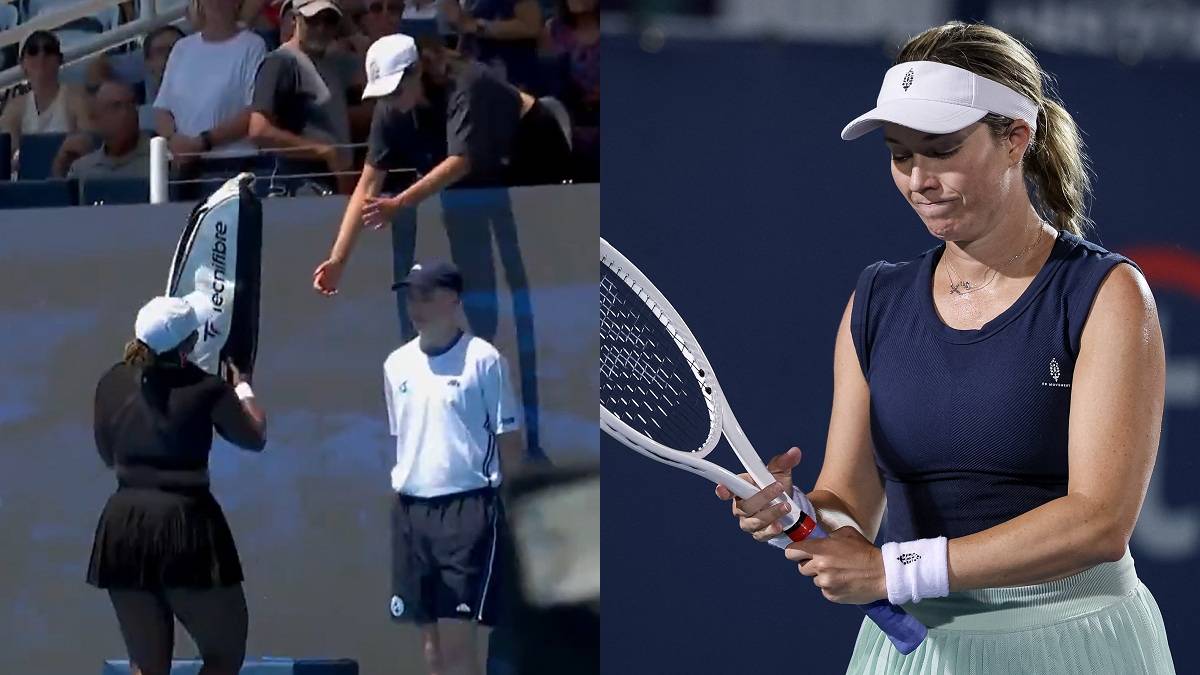 Zdjęcie podzielone na dwie części: po lewej stronie tenisistka podnosi rakietę tenisową, po prawej widać twarz kobiety z napiętą miną, trzymającą rakietę tenisową.