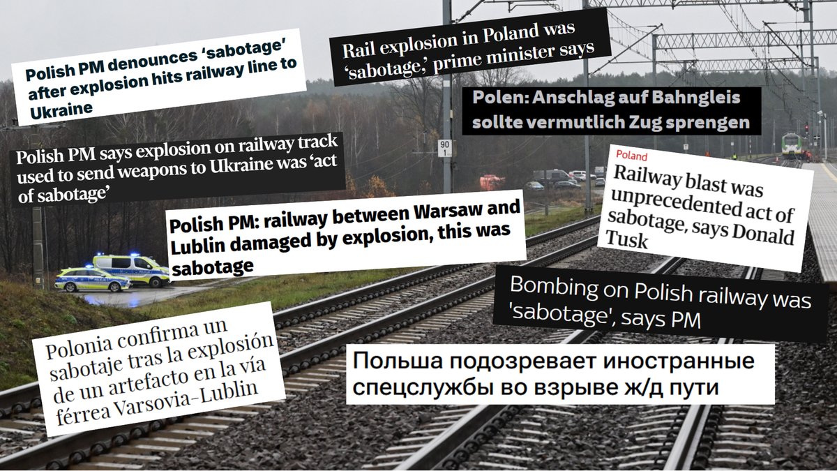 Uszkodzone tory kolejowe z policyjnymi pojazdami w tle, ilustrujące akt sabotażu.