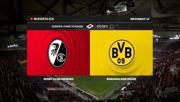 Ekran meczowy Bundesligi pokazujący logotypy SC Freiburg i Borussia Dortmund, nazwę stadionu Europa-Park Stadion oraz datę.