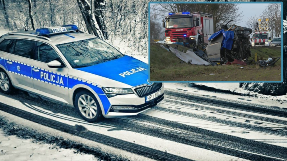 Samoch&oacute;d policyjny na zaśnieżonej drodze. W małym oknie w prawym g&oacute;rnym rogu widok na rozbity samoch&oacute;d i wozy strażackie.