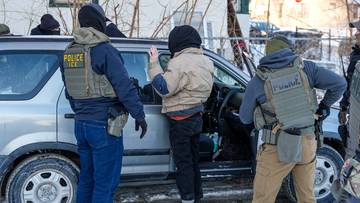 Agenci ICE w kamizelkach taktycznych otaczają mężczyznę obok samochodu.