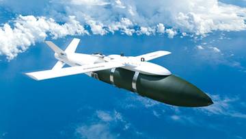 Biały samolot z ciemnozielonym kadłubem lecący na tle nieba z chmurami.