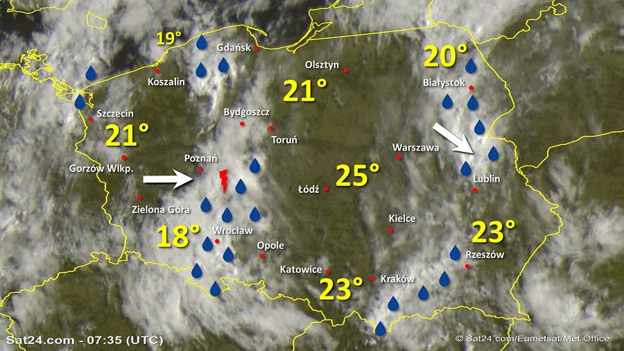 Zdjęcie satelitarne Polski w dniu 21 czerwca 2019 o godzinie 9:35. Dane: Sat24.com / Eumetsat.