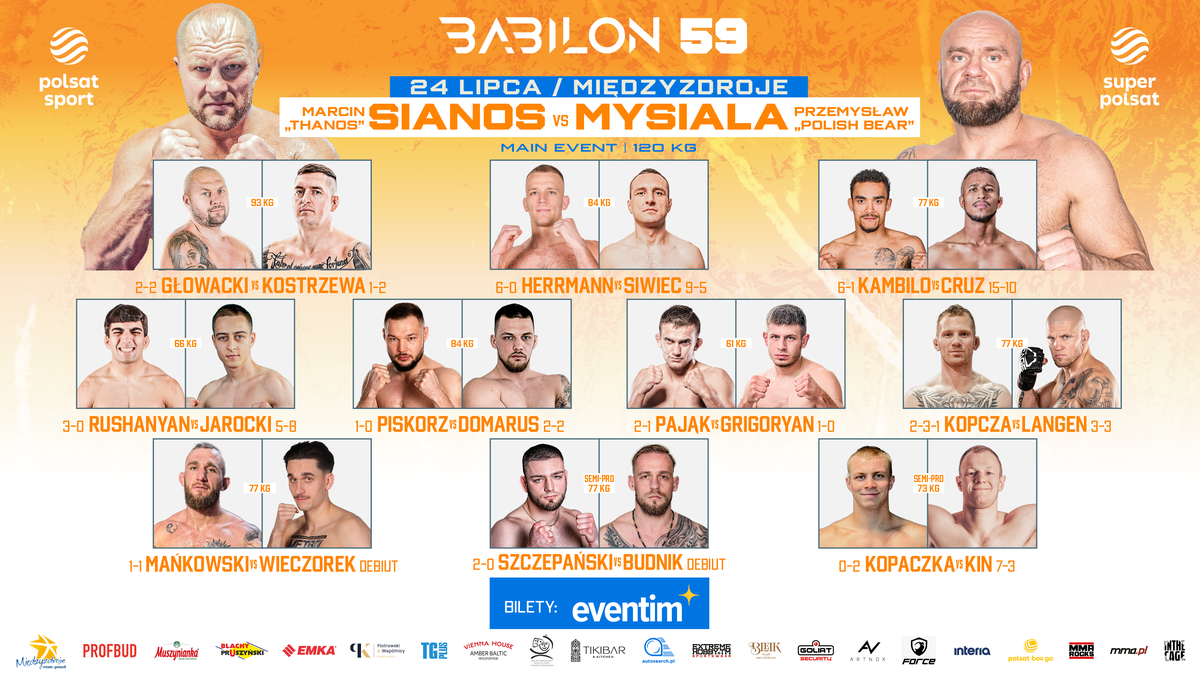 Plakat gali Babilon 59 z informacją o walce wieczoru Marcin Sianos vs Przemysław Mysiala oraz rozpiską innych pojedynk&oacute;w.