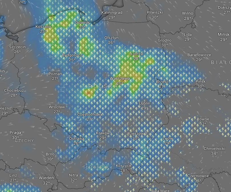 Sytuacja burzowa w Polsce. Fot. windy.com