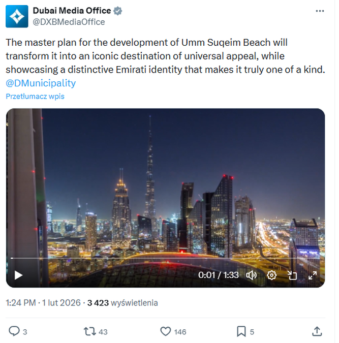 Następca tronu Dubaju zatwierdził plan zagospodarowania plaży Umm Suqeim