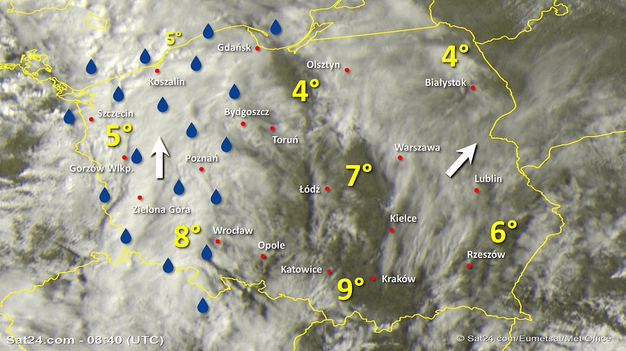 Zdjęcie satelitarne Polski w dniu 9 marca 2019 o godzinie 9:40. Dane: Sat24.com / Eumetsat.