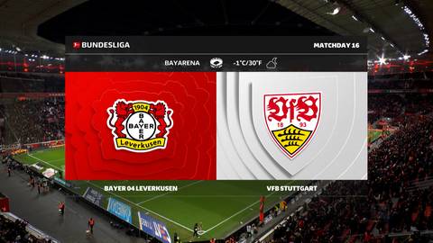 Herby Bayer Leverkusen i VfB Stuttgart na tle stadionu, z informacją o meczu Bundesligi.