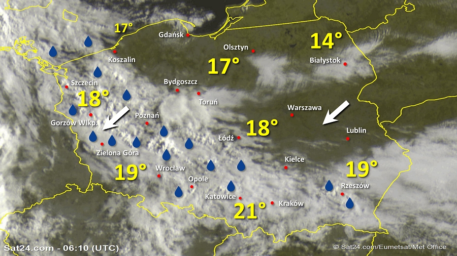 Zdjęcie satelitarne Polski w dniu 31 lipca 2019 o godzinie 8:10. Dane: Sat24.com / Eumetsat.