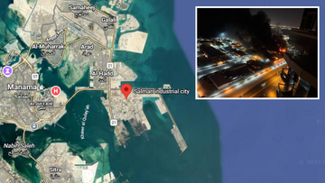 Mapa Bahrajnu z zaznaczonym portem Salman i zdjęcie nocne przedstawiające pożar na obszarze przemysłowym.