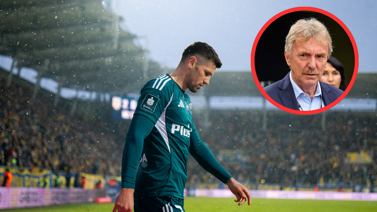 Piłkarz Legii Warszawa na boisku, w prawym g&oacute;rnym rogu zdjęcie Zbigniewa Bońka.