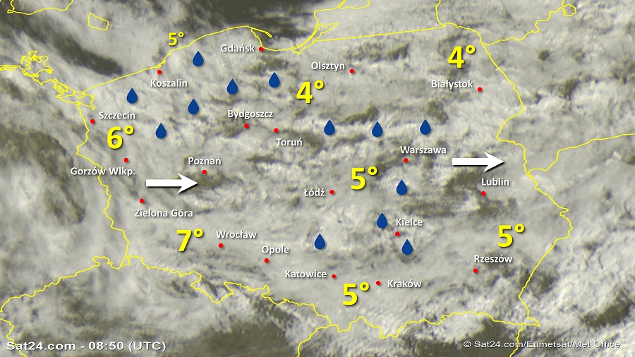 Zdjęcie satelitarne Polski w dniu 20 lutego 2019 o godzinie 9:50. Dane: Sat24.com / Eumetsat.