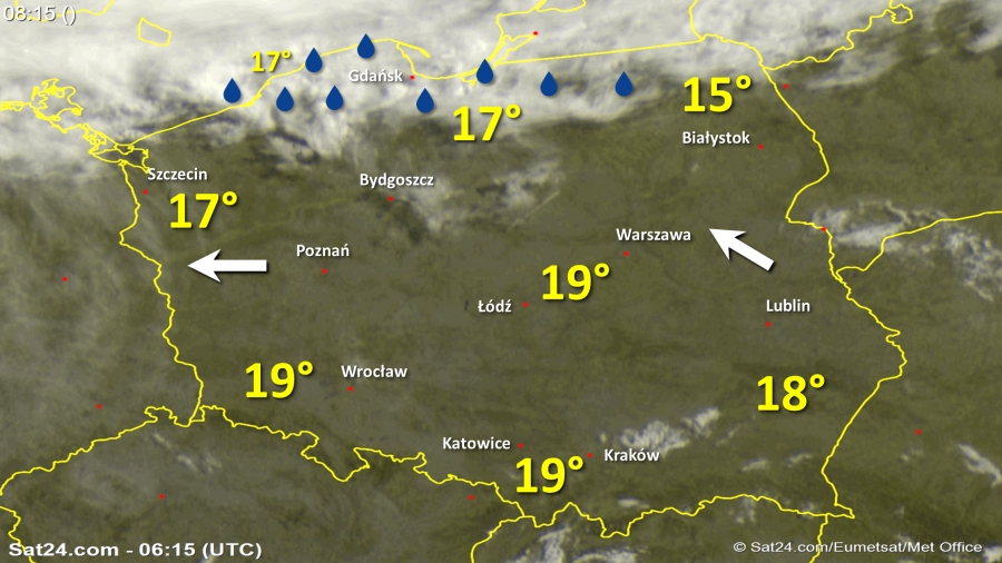 Zdjęcie satelitarne Polski w dniu 13 sierpnia 2018 o godzinie 8:15. Dane: Sat24.com / Eumetsat.