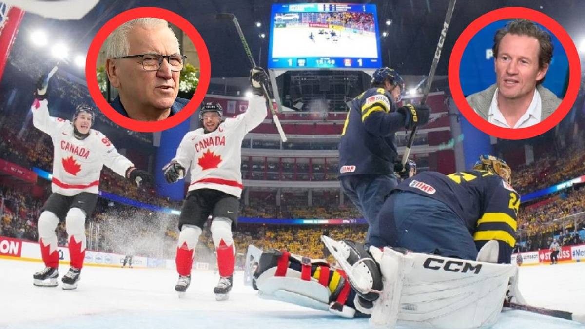 Dwóch komentatorów w okręgach na zdjęciu hokejowym. Jeden z komentatorów, Gruth, ma okulary. Czerkawski uśmiecha się. W tle mecz hokeja.