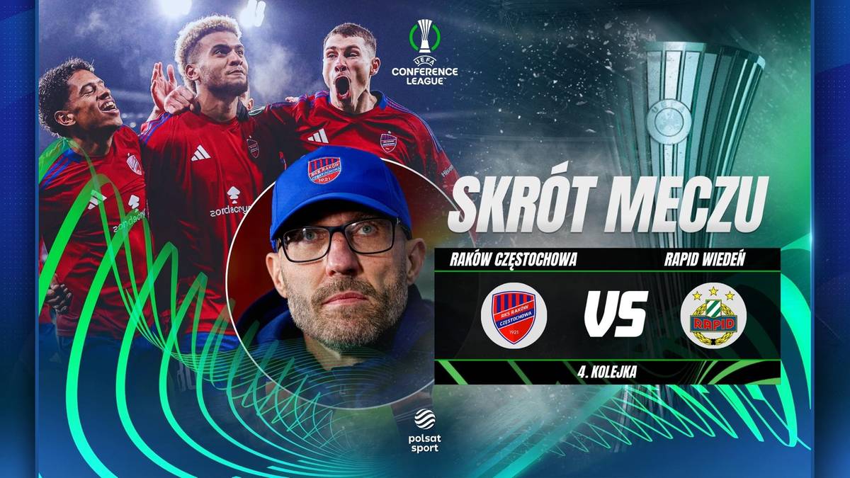 Grafika promocyjna meczu piłkarskiego Raków Częstochowa vs Rapid Wiedeń, przedstawiająca trenera Marka Papszuna, piłkarzy Rakowa w czerwonych strojach, logo Ligi Konferencji Europy oraz symbole klubowe obu drużyn.