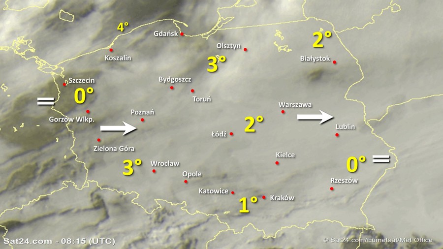 Zdjęcie satelitarne Polski w dniu 20 stycznia 2020 o godzinie 9:15. Dane: Sat24.com / Eumetsat.