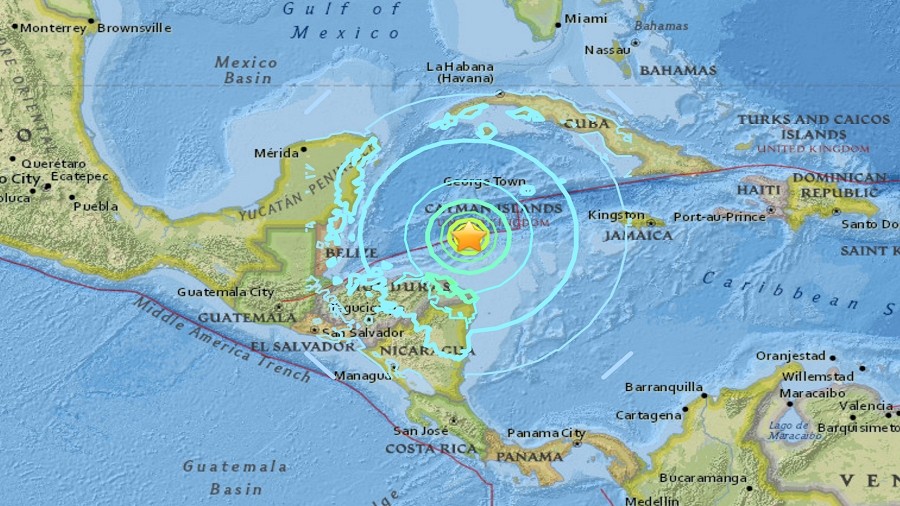 Lokalizacja epicentrum trzęsienia ziemi na Karaibach oraz jego zasięgu. Fot. USGS.