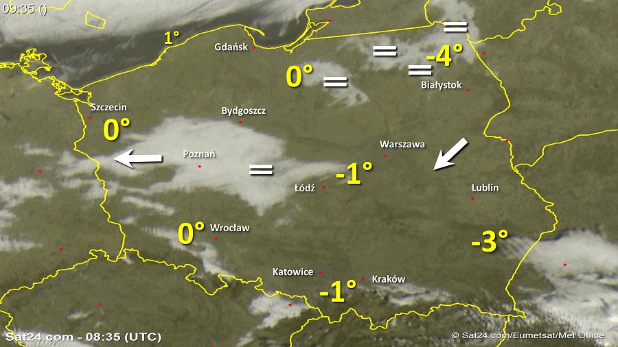Zdjęcie satelitarne Polski w dniu 17 listopada 2018 o godzinie 9:40. Dane: Sat24.com / Eumetsat.