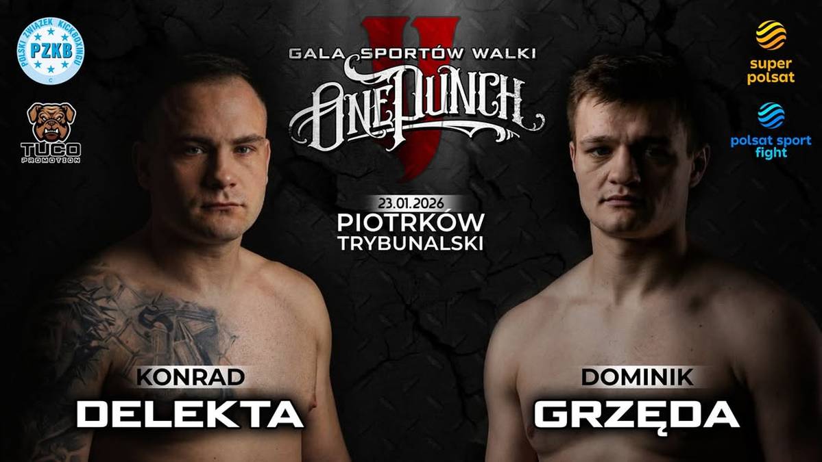 Dwaj mężczyźni, Konrad Delekta po lewej i Dominik Grzęda po prawej, prezentują swoje sylwetki na tle grafiki promocyjnej gali sport&oacute;w walki One Punch.