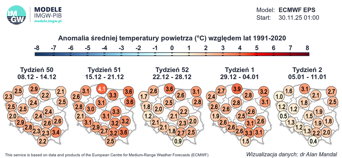 Grudzień będzie cieplejszy od średniej. Pewnego ochłodzenia możemy się spodziewać w okresie Bożego Narodzenia