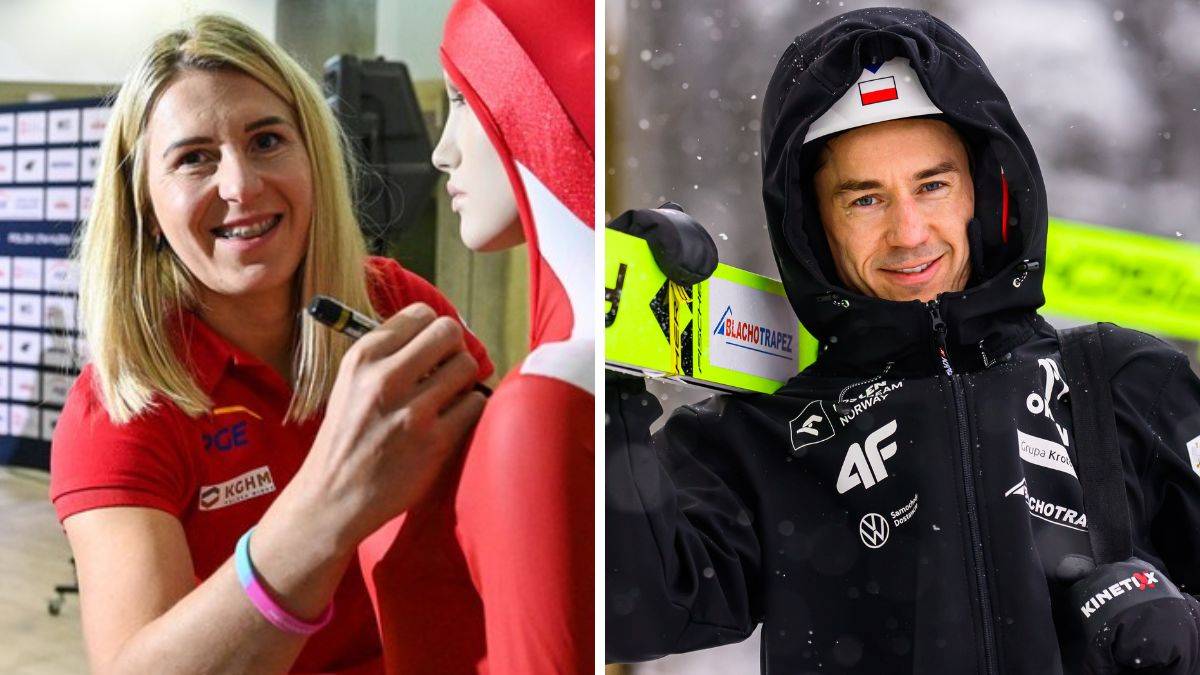 Natalia Czerwonka, łyżwiarka szybka, podpisuje manekin, obok Kamil Stoch, skoczek narciarski, z nartami na ramieniu.