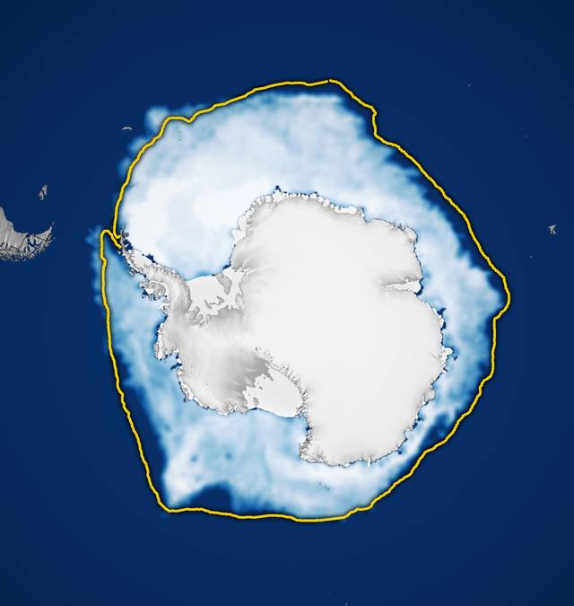 Zasięg lodu morskiego wokół Antarktydy w analizie NASA i NSIDC