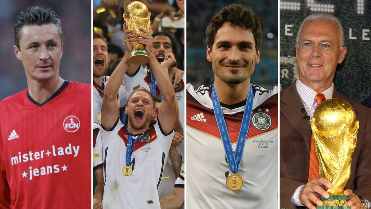 Cztery fragmenty zdjęć przedstawiające piłkarzy z pucharami: pierwszy od lewej to Tomasz Hajto w czerwonej koszulce, środkowy fragment to radość piłkarza z Pucharem Świata, kolejny to Mats Hummels z pucharem, a ostatni to piłkarz z trofeum.