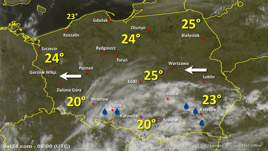 Zdjęcie satelitarne Polski w dniu 19 lipca 2020 o godzinie 10:00. Dane: Sat24.com / Eumetsat.