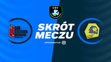 Grafika z logotypami drużyn Sir Sicoma Monini Perugia i VK Lvi Praha oraz napisem 'SKR&Oacute;T MECZU'.