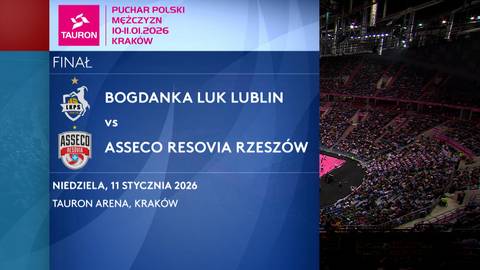 Plansza informacyjna z Pucharu Polski Mężczyzn TAURON zapowiadająca finałowy mecz pomiędzy Bogdanka LUK Lublin a Asseco Resovia Rzesz&oacute;w, kt&oacute;ry odbędzie się 11 stycznia 2026 w TAURON Arenie w Krakowie.